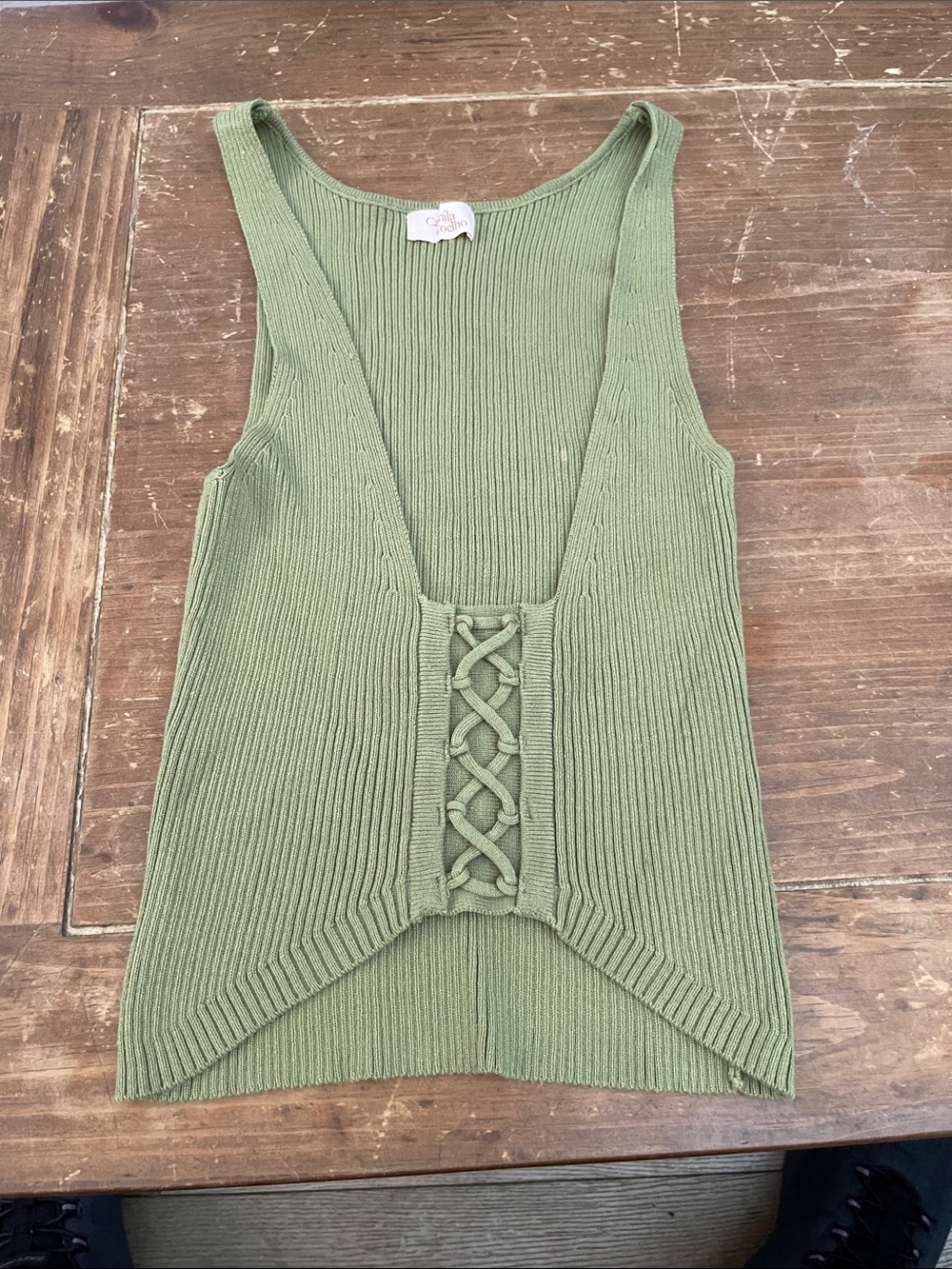 Camila Coelho Olive Green Ribbed Lace-Up Tank Top